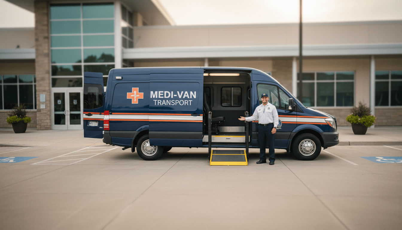 Professional medical transportation vehicle with accessibility ramp at Orange County healthcare facility