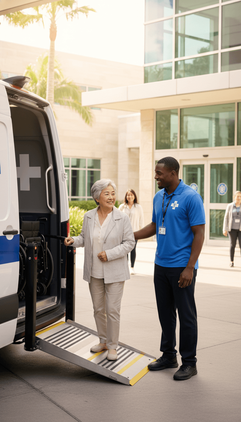 Professional healthcare driver assisting patient into medical transport vehicle in Newport Beach
