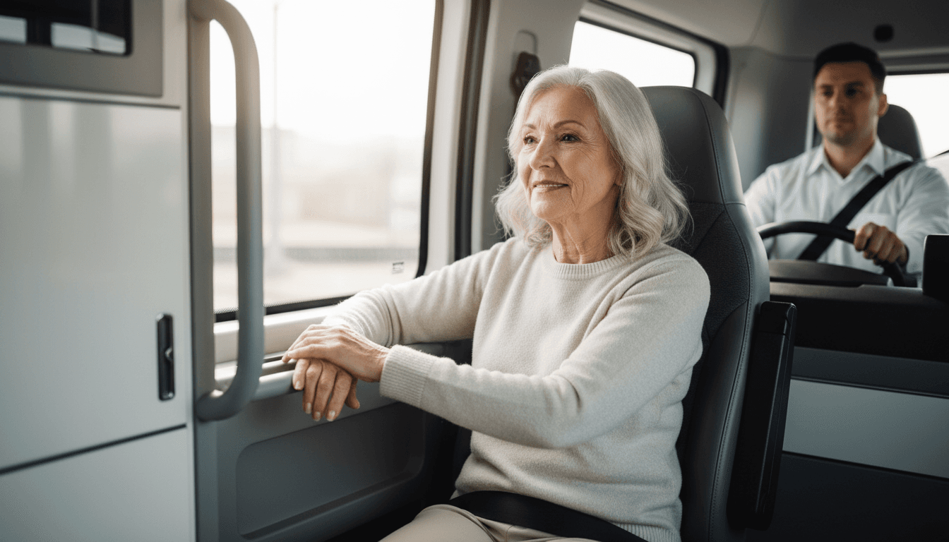 Senior passenger smiling in a modern, accessible RideRx medical transport vehicle with professional driver in background