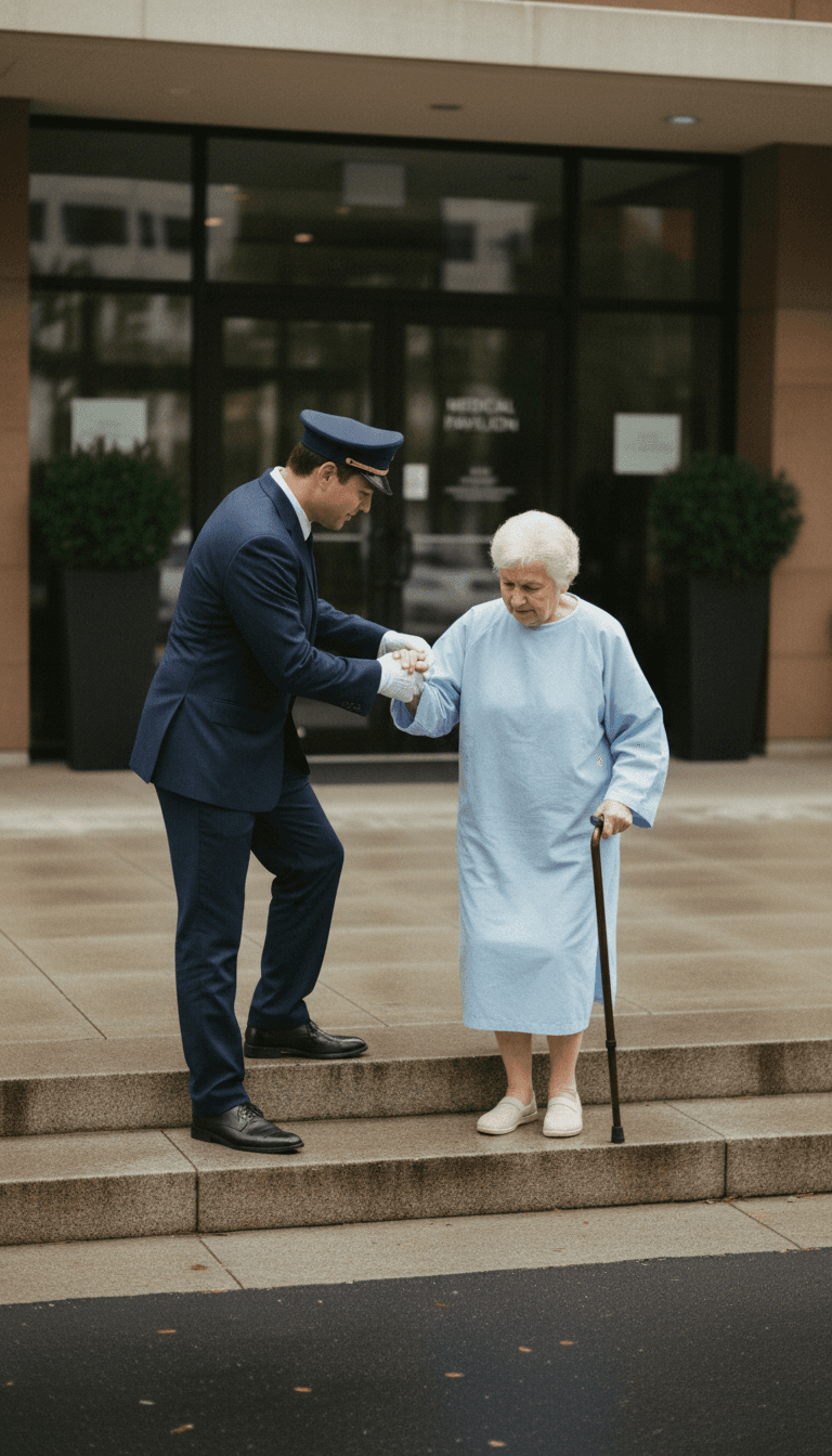 Driver providing mobility assistance at facility entrance