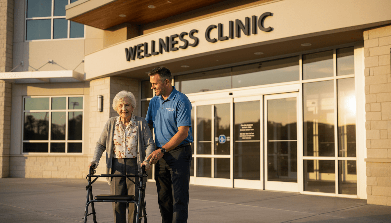 Medical transport driver assisting patient at healthcare facility entrance in Central Orange County