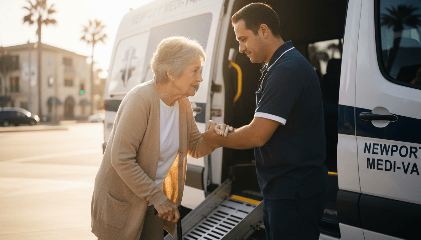 Professional driver assisting patient into accessible medical transportation vehicle