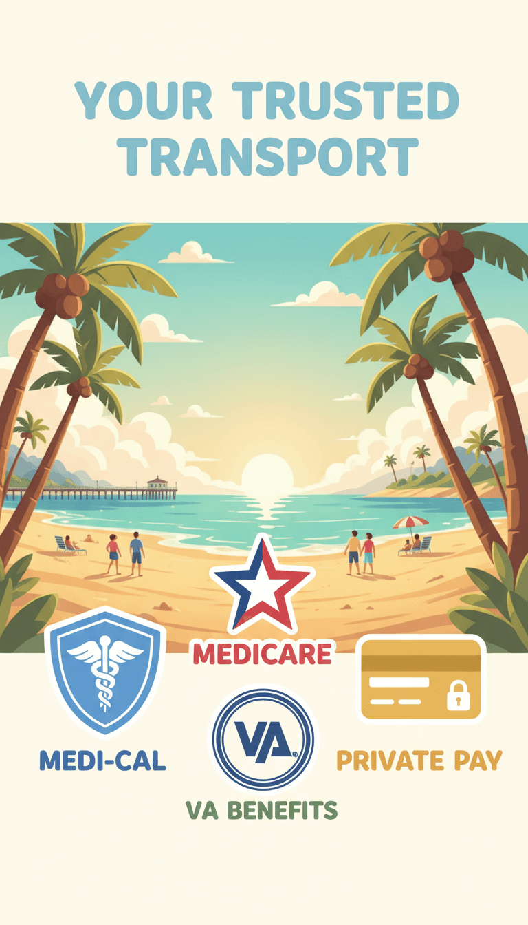 Stylized insurance and payment icons with a sunny beach background for RideRx Transportation