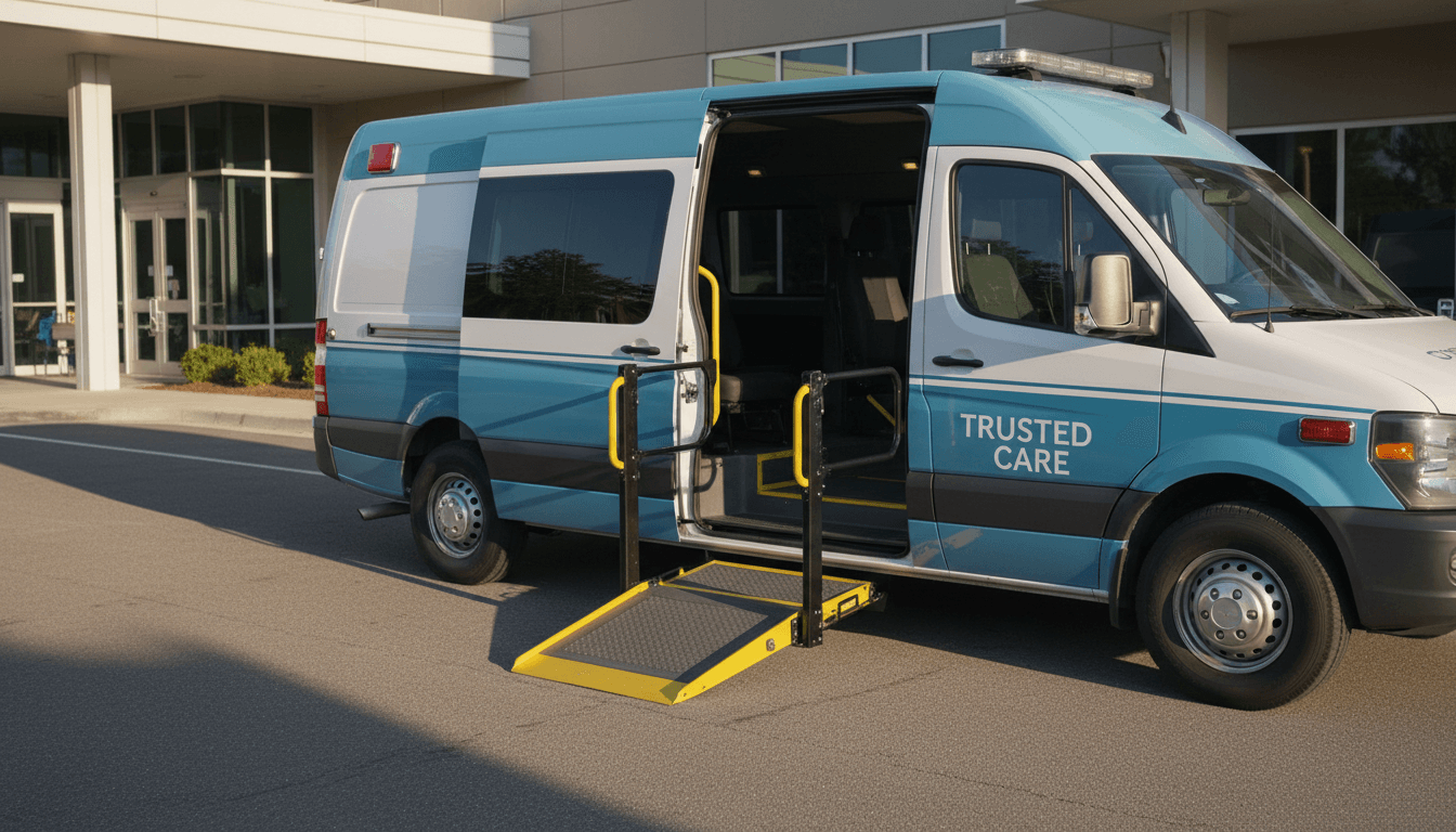 Modern medical transportation van with wheelchair ramp in Newport Beach