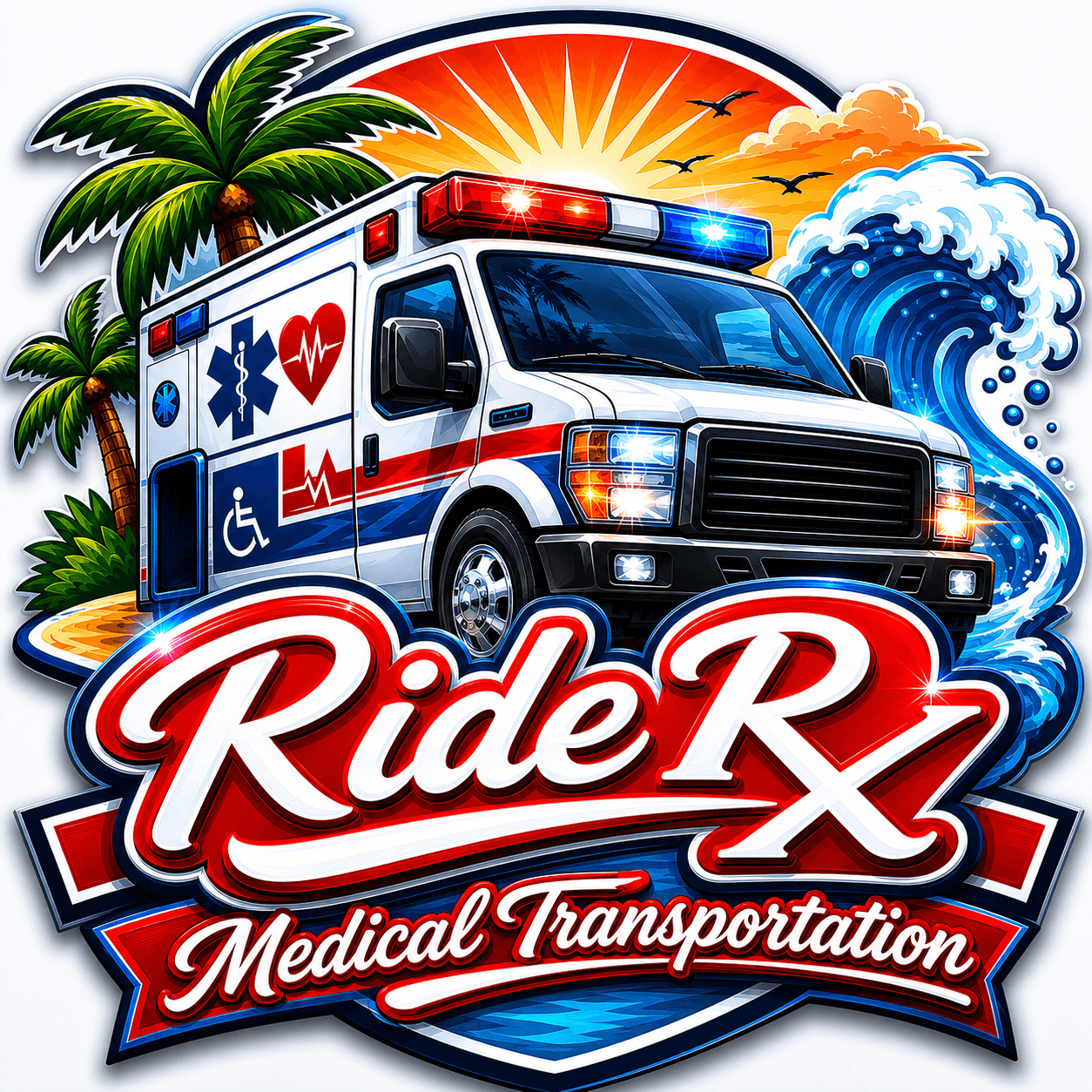 Ride Rx Medical Transportation logo featuring an ambulance, palm trees, ocean waves, and sun.